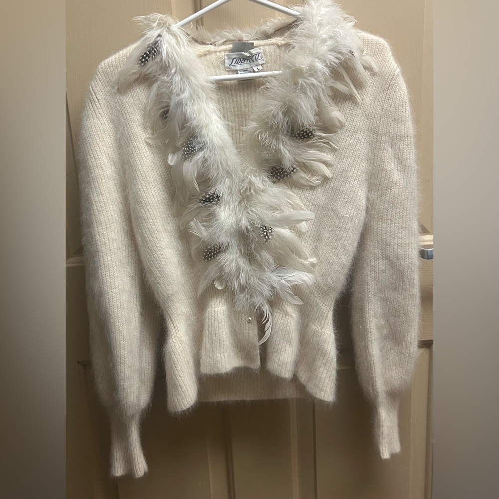 Vintage Sideffects Wool Cream Cardigan with Feather Details